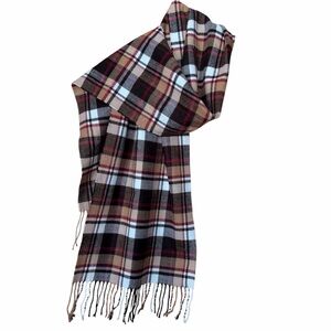 100% Cashmere Scarf Made in Scotland Plaid Brown/Tan/White L 74” x W 12-1/2”